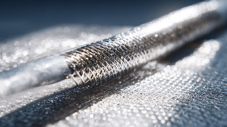 Close up of a silver metal screwdriver on a reflective surface.の素材