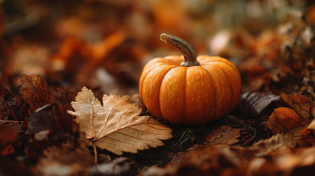 pumpkin on the ground in the autumn forest with dry leavesの素材