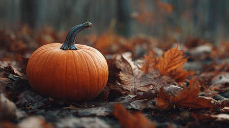 Pumpkin on autumn leaves in the forest. Halloween concept.の素材