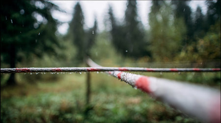 Rainy day in the forest. Red and white fence on the meadow.の素材