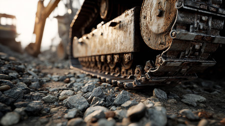 Close up of a heavy duty bulldozer working on a construction siteの素材