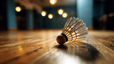 Badminton shuttlecock on a wooden floor in the gym.の素材