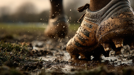 A closeup shot of a muddy boot running through a puddleの素材