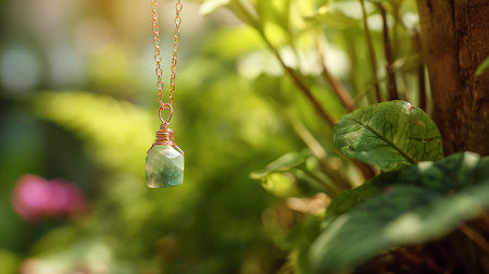 Beautiful green glass pendant hanging on a tree in the gardenの素材