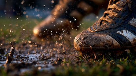 Running shoes in muddy puddles after rain. Close-up shot.の素材