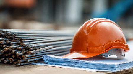 Safety helmet and roll of steel on wooden table in construction site.の素材