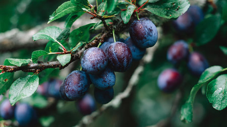 Ripe plums on the branches of a tree in the gardenの素材