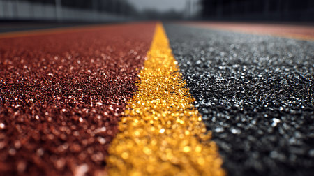 Red and yellow line on the asphalt road. Conceptual image.の素材