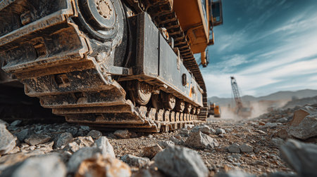 Detail of an excavator working at a construction site. Close-up.の素材