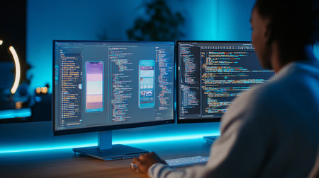 Programmer working on computer in dark office late at night. Side viewの素材