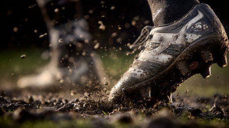 Foot of a soccer player running on the field. Shallow depth of fieldの素材