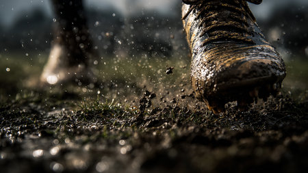 Close-up of a man's foot in the mud. Shallow depth of fieldの素材