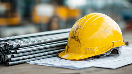Yellow hard hat on construction site. Selective focus with shallow depth of fieldの素材