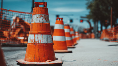 Traffic cones on the road. Concrete cones on the road.の素材