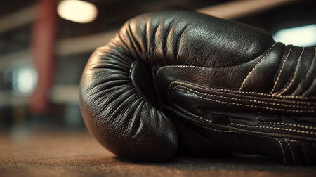 Black leather boxing gloves lying on the floor in gym. Close up.の素材
