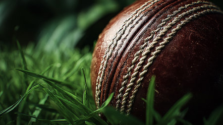 Cricket ball on green grass. Close-up image.の素材
