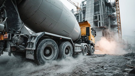 Cement mixer truck with concrete mixer at construction site. Industrial background.の素材
