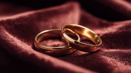 Wedding rings on a red satin background, close upの素材