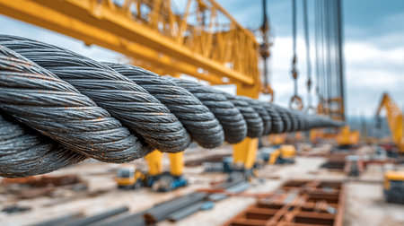 Close-up of a rope in the foreground. Industrial background.の素材