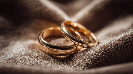 wedding rings on a background of brown fabric close-upの素材