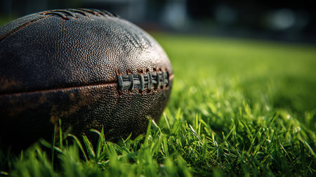 American football ball on green grass, close-up. Sport backgroundの素材