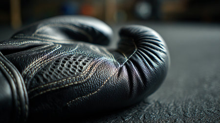 Black leather boxing gloves lying on the floor. Close-up.の素材