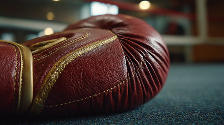Boxing gloves on the floor of a boxing ring, close-upの素材
