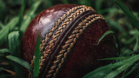 Cricket ball on green grass. Vintage style. Selective focus.の素材