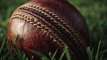 Cricket ball on green grass, closeup. Sport conceptの素材