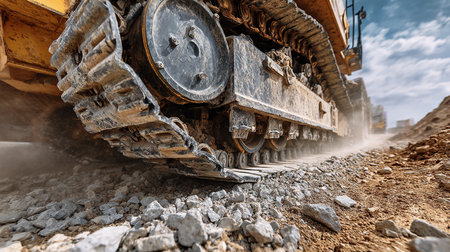 Close-up of an excavator on the road construction site.の素材