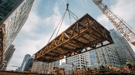 Construction site with cranes and workers on a background of skyscrapersの素材