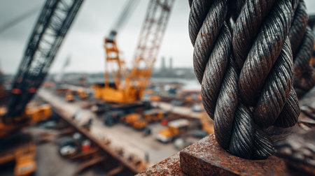 Industrial background with cranes and steel wire rope. Industrial backgroundの素材