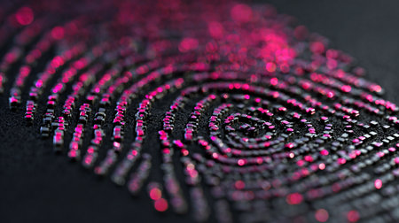 Fingerprint with pink lights on black background. 3d illustrationの素材