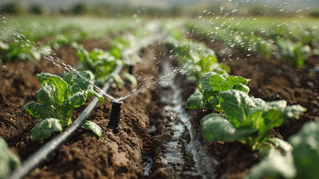Sprinkler irrigation system watering a vegetable garden in the morning.の素材