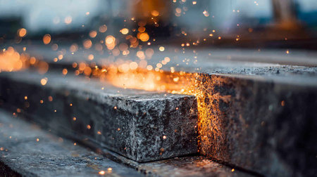 Sparks from cutting metal at a construction site. Sparks from a cutting machine.の素材