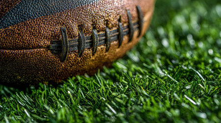 Close up of American football ball on green grass. Sport background.の素材