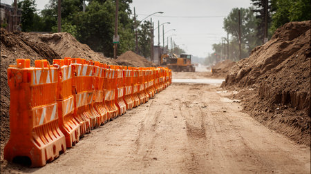 Road construction site with row of orange plastic traffic cones on the groundの素材