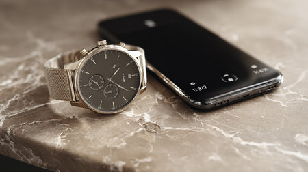 Wristwatch and smartphonele background. Selective focus.の素材