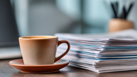 Cup of coffee and stack of documents on wooden table, closeupの素材