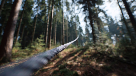 Hiking trail in the forest. Selective focus on the ropeの素材