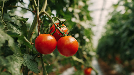 Ripe red tomatoes growing on a branch in a greenhouse. Agriculture.の素材
