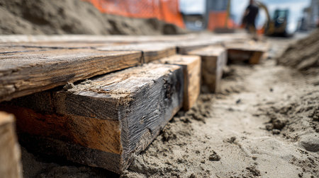 Wooden pallets on construction site. Close-up view.の素材