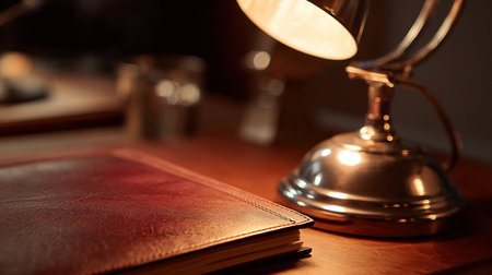 Closeup of a desk lamp and a book in a dark roomの素材