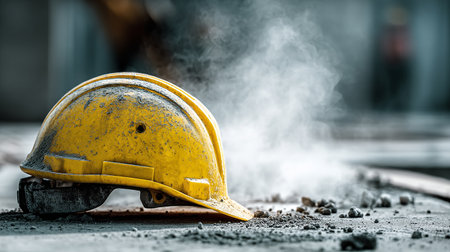 Closeup of a yellow helmet on the floor of a construction siteの素材