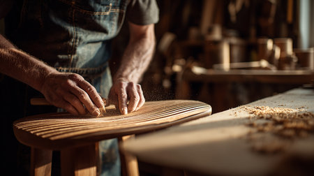 Close-up of a male carpenter working in his workshop.の素材
