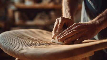 Close-up of a potter's hands polishing a wooden chairの素材