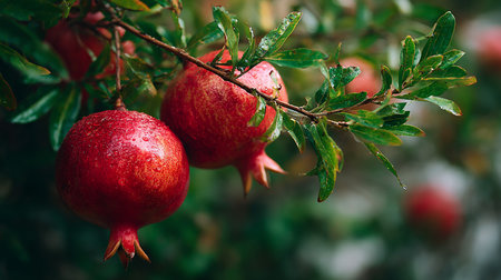 Ripe pomegranate fruits on a branch in the gardenの素材