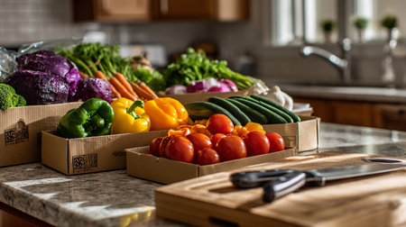 Fresh vegetables in boxes on the kitchen table. Healthy food concept.の素材