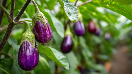 Purple eggplants growing on a plant in a vegetable gardenの素材