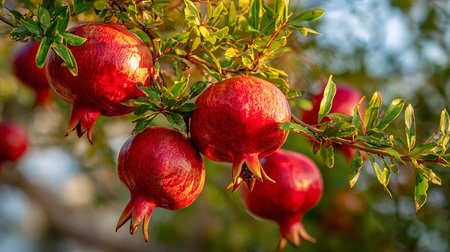 Pomegranate fruit on the tree in the garden. Nature backgroundの素材